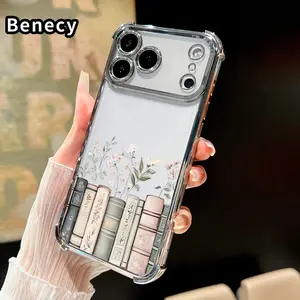 Phone Case for iPhone 17 Pro Max 16 15 Plus Air 14 13 12 11 E Floral Book Charm Pattern Four Corners Reinforced Shockproof Transparent Soft Silicone Cover