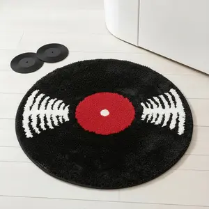 Includes 2 Free Coasters!Funny Black & White Vinyl Record Rug: Non-Slip Absorbent Music Theme Round Rug, 23.6", for Bedroom, Living Room, Bathroom Decor