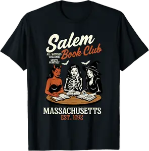 Vintage Salem Book Club Black Cat Bookish Spooky Halloween T-Shirt - Phoebeumba Shop 68B0FD9FP889