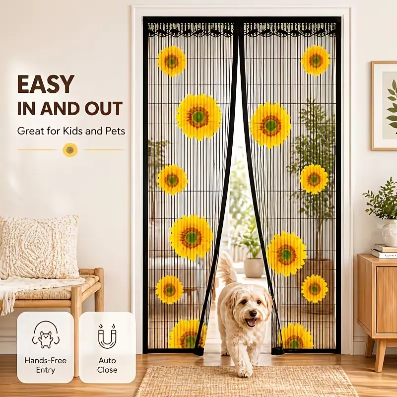 Vibrant Sunflower Print Magnetic Mesh Door Curtain - Anti-Insect Dustproof Bug Mosquito Net Door, Self-Closing, Tool-Free Magnetic Hook System with Hook Panels, Breathable Mesh, Easy Home Installation, Anti-Insect Dustproof Mesh Doors