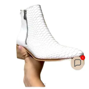 Trinity Women's White Faux Leather Ankle Booties with Crocodile Embossed Texture Pointed Toe & Block Heel