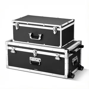 VEVOR Metal Storage Trunk, Set of 2, Wooden Suitcase Storage Boxes with Padlocks, Large Trunk Includes Casters and 3 Metal Handles, Decorative Store Chest with Lids for Travel, Apartment, Dorm, Black