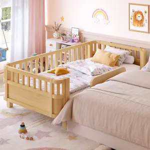 Twin Size Wood Platform Bed,with Safety Guardrails, Detachable Fence and Extra Side Guardrail,Natural