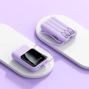 Mini Portable Power Bank (10,000/20,000 mAh) - Built-In Data Cable, Multiple Output Ports, LED Battery Display, Fast Charging - White/Purple/Black - Ideal for Outdoor Travel, Emergency Backup