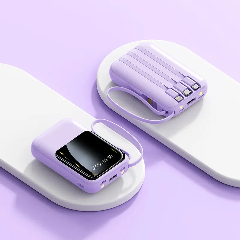 Mini Portable Power Bank (10,000/20,000 mAh) - Built-In Data Cable, Multiple Output Ports, LED Battery Display, Fast Charging - White/Purple/Black - Ideal for Outdoor Travel, Emergency Backup