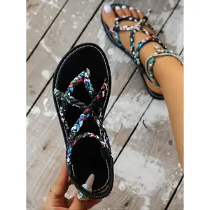 Women's Fashionable Ditsy Floral Pattern Sandals, Braided Sandals, Casual Comfortable Flat Sandals for Summer, Female All-match Toe Thong Shoes for Daily Wear, Girl