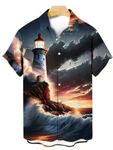 Men's Short Sleeve Shirt with Lighthouse Print, Casual Asymmetrical Style, Slim-Fitting, Random Print, Plain Surface, Unlined