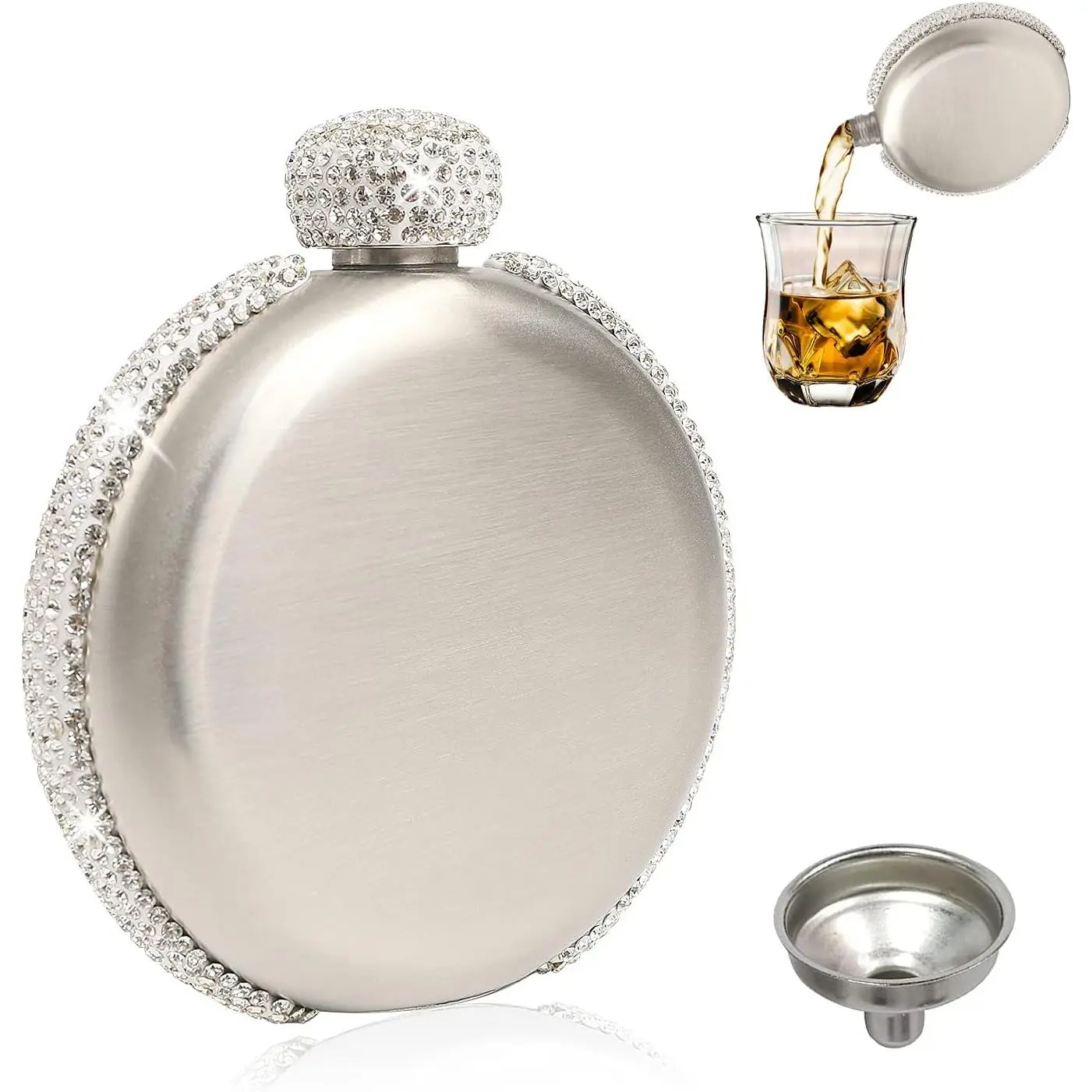 Hip Liquor Flask for Women  Leakproof Wine Flasks 304 Stainless Steel Rhinestone Portable with Funnel Girls Bling Gift(Silver/5oz)