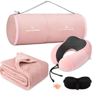 Travel Pillow and Blanket Set  Pillows Travel Essentials with Sleep Mask for Airplane  Memory  Pink