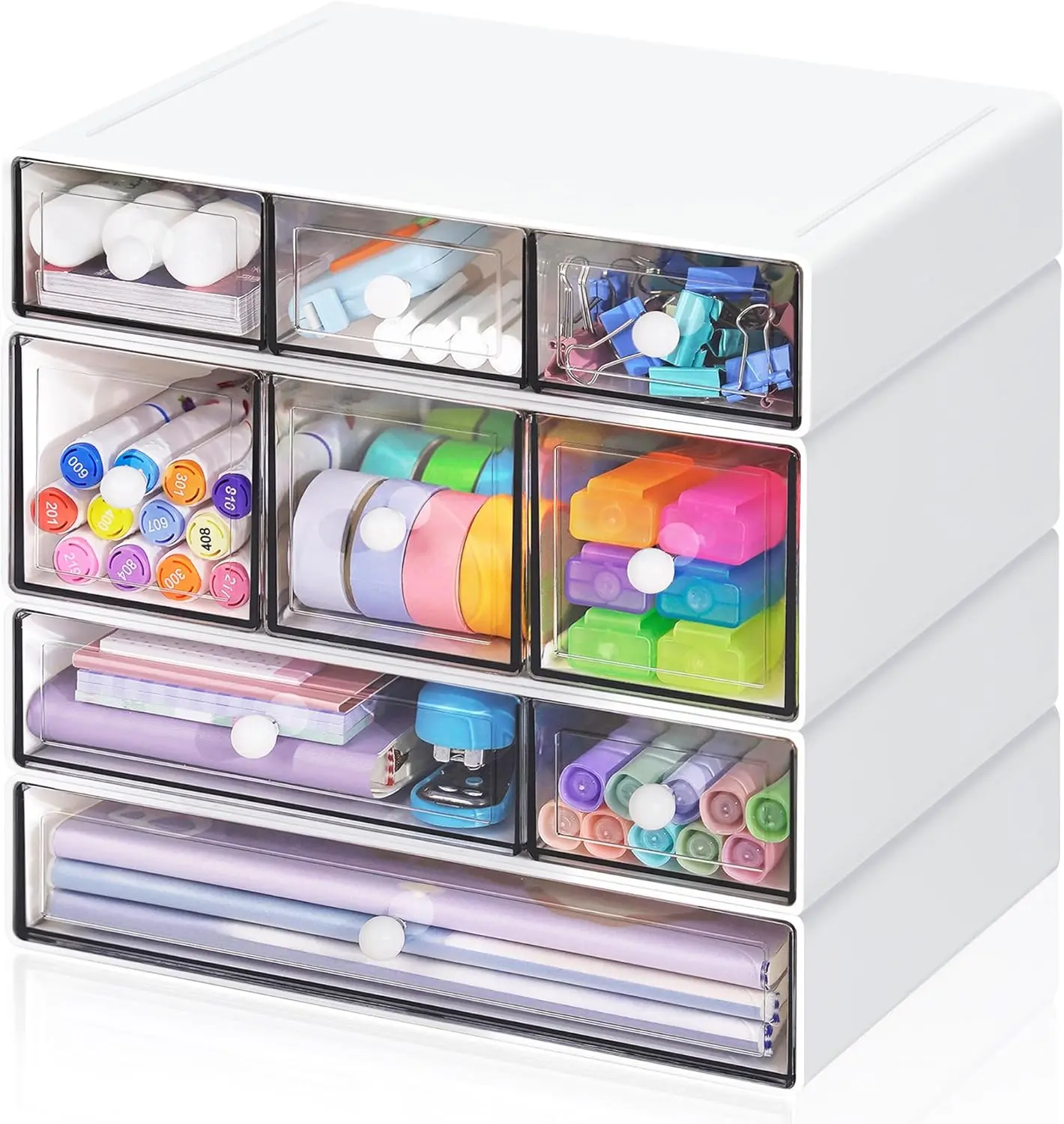 Desk Storage Organizer with 9 Drawers, 4 Tiers Stackable Desktop Craft Storage Drawers, Clear Storage Box Caddy for Stationary Makeup Jewelry Office Craft Supplies (White) XINYUESI