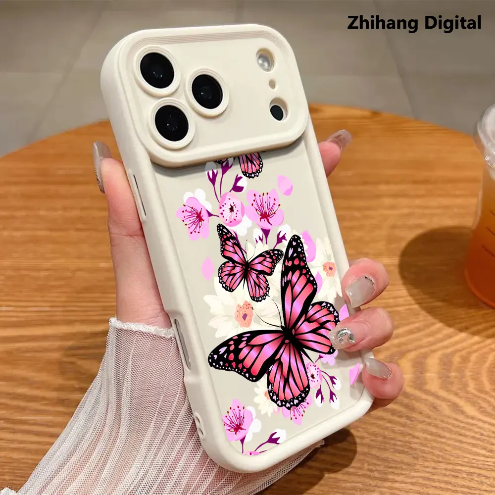 Elegant Pink Butterfly Wildflower Phone Case For iPhone 17 Pro Max Air 16 Plus 15ProMax 14 13 12 11 Shockproof Drop Protection Durable silicone Cases Smartphone Cover Cellphone Bumper Screen Protector Casing Resistance Casing