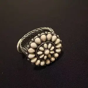 Vintage White Stone Floral Cuff Bracelet Boho Statement Wide Open Bangle Ethnic Style