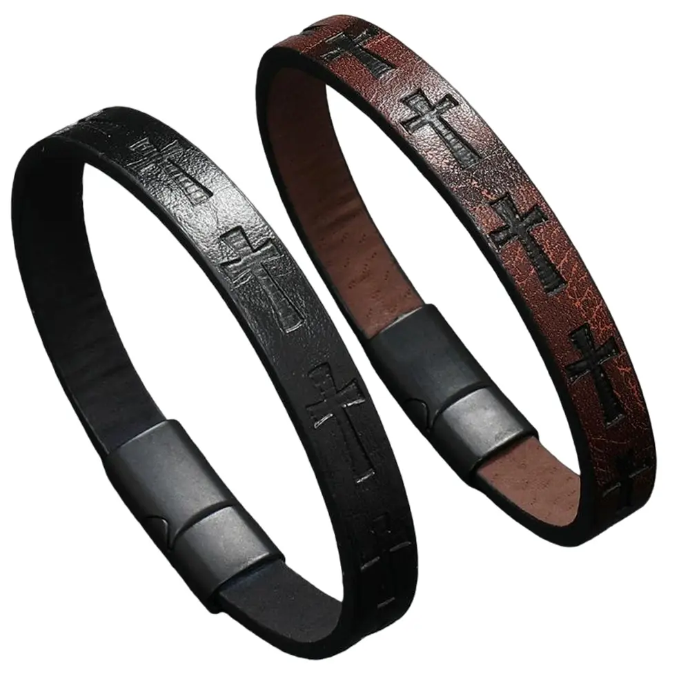 Brown Braided Leather Cross Bracelet, 8.5 Inch Unisex Band, Hypoallergenic Jewelry Gift for Father's Day, Anniversary, Birthday, Leather Strap, Religious, Alloy