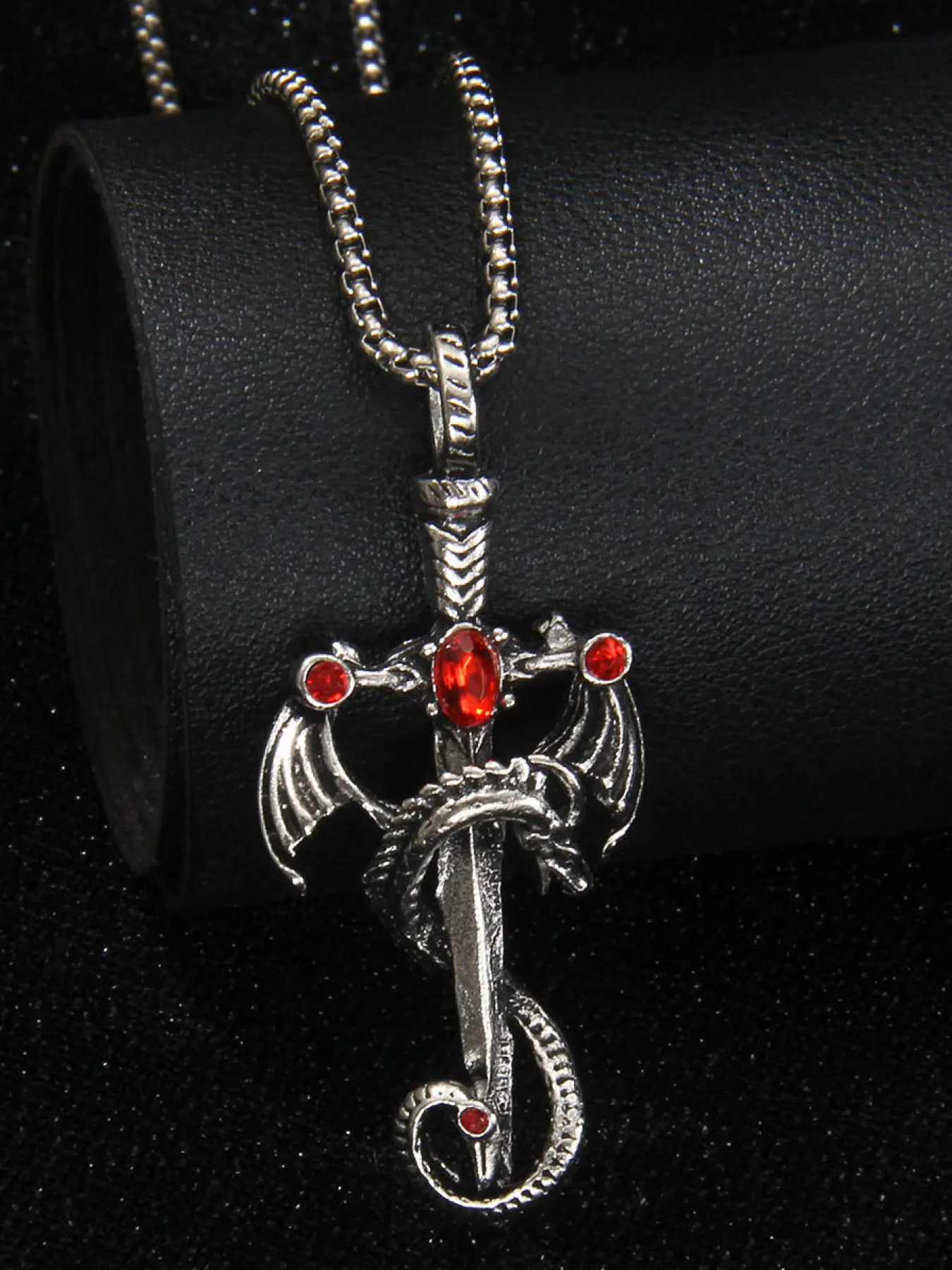Silver Dragon & Sword Pendant Necklace, Gothic Vintage Fantasy Style Jewelry with Red Zircon & Intricate Dragon - Sword Charm Detail, for Men & Women, Daily & Streetwear Occasions, Necklace Design