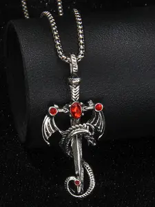 Silver Dragon & Sword Pendant Necklace, Gothic Vintage Fantasy Style Jewelry with Red Zircon & Intricate Dragon - Sword Charm Detail, for Men & Women, Daily & Streetwear Occasions, Necklace Design