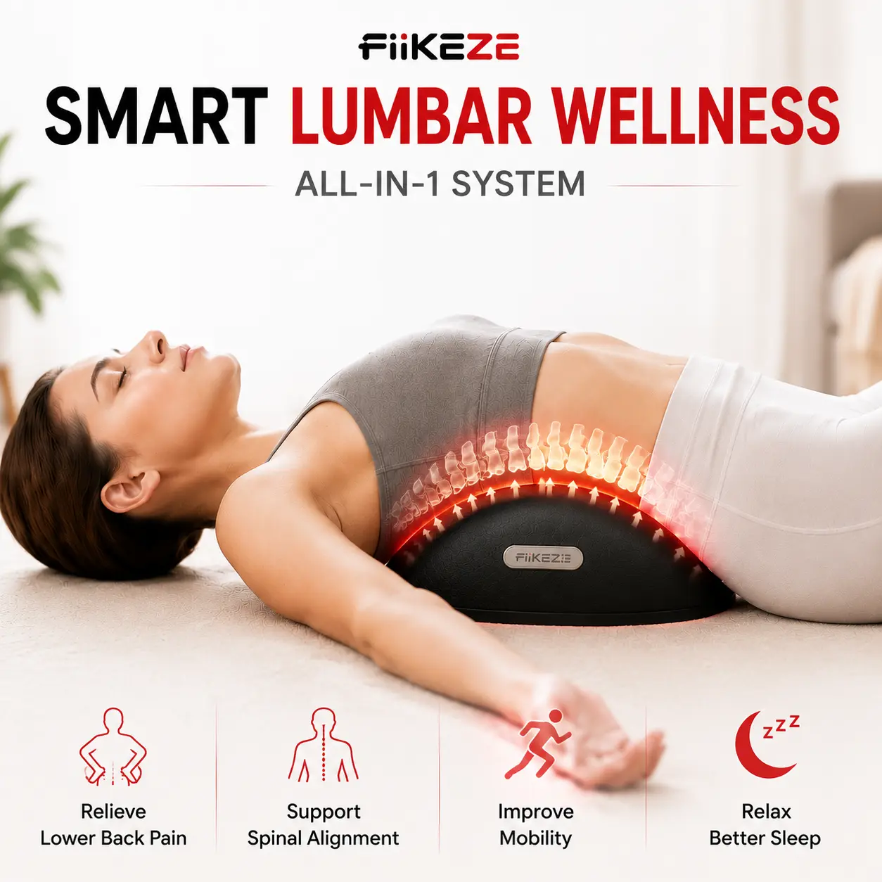 FliKEZE 4-in-1 Ergonomic Lumbar Support Massager Pillow - Rechargeable Portable Mini Massage Device with 5000mAh Battery, Red & Near-Infrared Light Therapy, Vibration, Air-Cell Traction, Heat Therapy for Body Pain Relief, Suitable for Home, Office, Adults