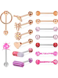 15 Pcs 14G Tongue Puncture Operation Steel Tongue Puncture Double Belt Slave Ring Puncture Pezon Tongue Barbells Jewelry Woman's Body Septum Ring Nose Ring