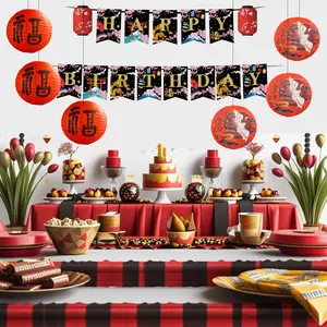 21Pcs Japanese Birthday Party Decorations Set, Happy Birthday Banner with Chinese Paper Lanterns, Black Gold Red Oriental Theme, Hibachi Party Decorations