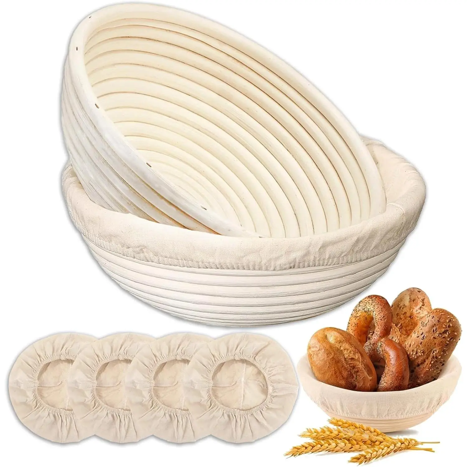 Fresh-Keeping Basket Bread Fermentation Basket - Fermentation Basket Set of 2 (4 Round) - Natural Rattan Fresh-Keeping Basket with 9inch Linen Liners - Bread Basket for Yeast Bread Baking Supplies
