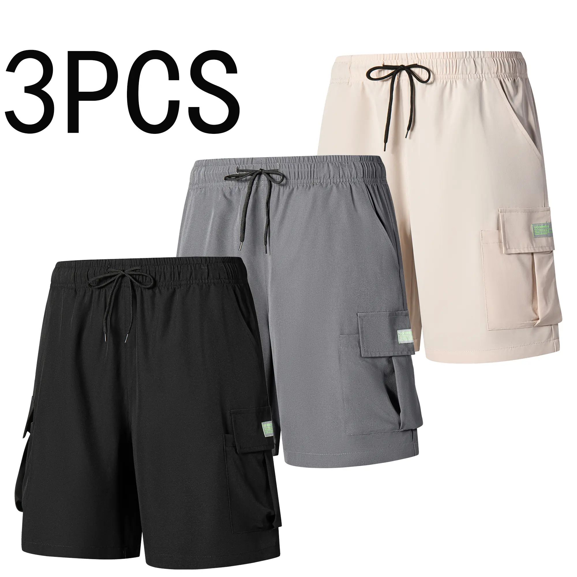 Men’s cargo shorts, 3-pack/2-pack — summer quick-dry mid-thigh shorts with multiple pockets, casual drawstring elastic waistband beach shorts