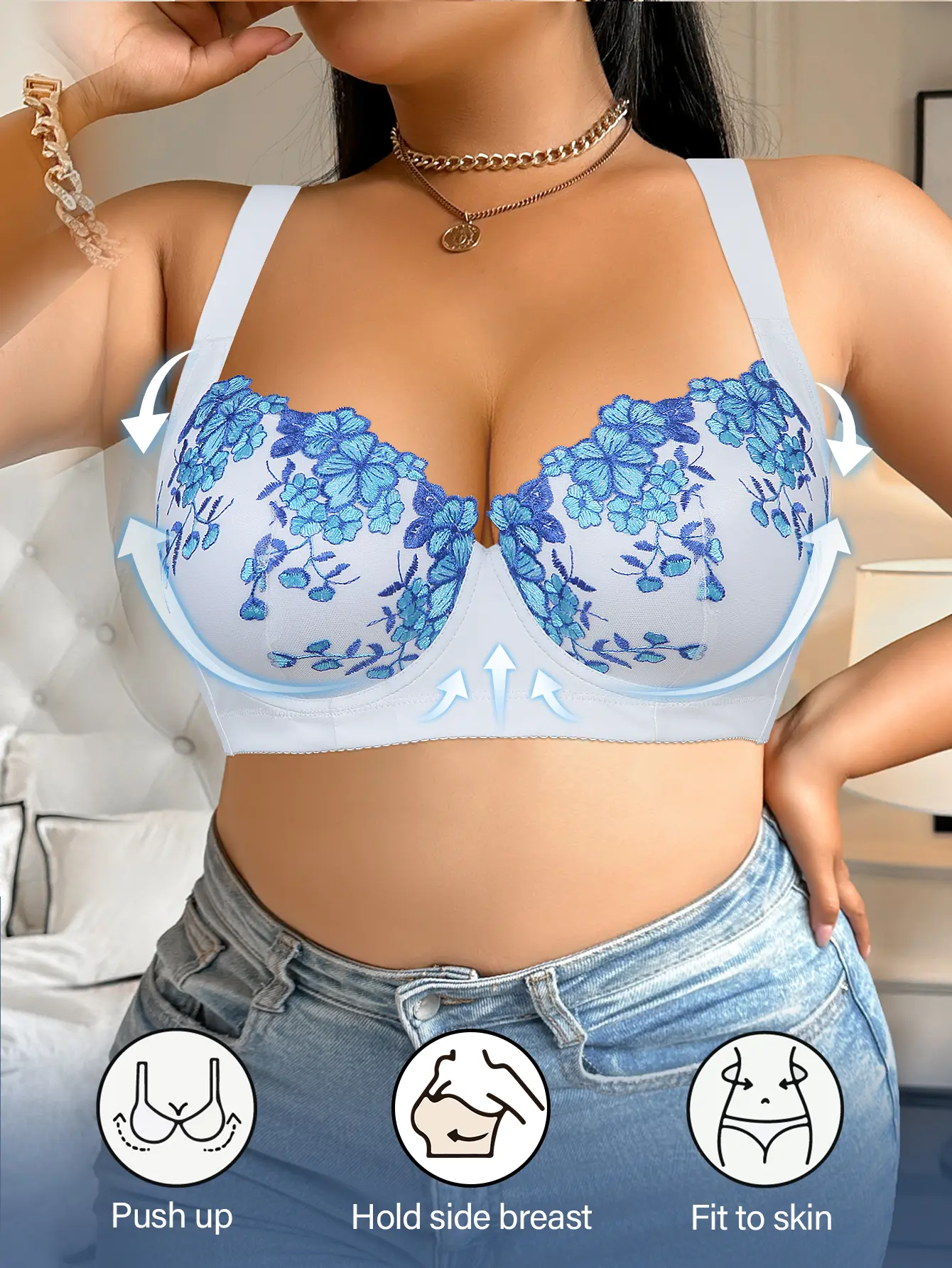 Women's Plus Size Floral Embroidery Push Up Underwire Minimizer Elegance Bra, Anti-Sag, Adjustable Wide Straps, Side Lift Support, Shaping Hide Bulge, Comfortable Breathable for Summer Dresses, Beach Vacation Outfits, SummerWins, DealsForYouDays