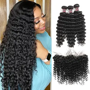 Uwigs Deep Wave Bundles With Frontal Human Hair Bundles With 13x4 frontal Wave Bundles Human Hair 26 28 Inch