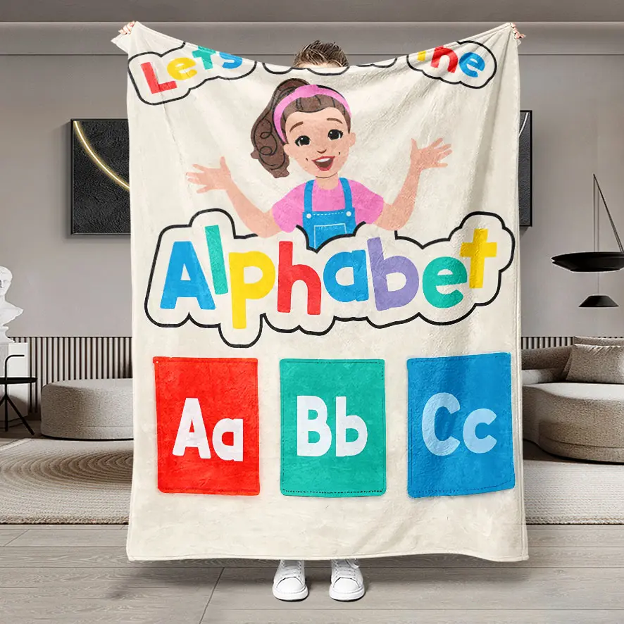 Letter Recognition Cartoon Flannel Throw Blanket, Alphabet Character Print for Preschool Learning Rooms and Kids Play Areas, Lightweight Nap-Time Cover, Early Education Activity Accent & Birthday Holiday Gift for Young Learners