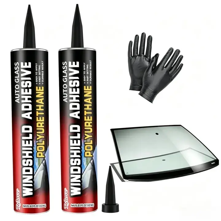 Automotive Windshield Urethane Adhesive Kit - 2-Pack 10.5Oz Black, Quick-Curing, Weather-Resistant, Professional-Strength Auto Glass Glue for Vertical & Overhead Uses, Includes Gloves + Multi-Purpose Car Sealant