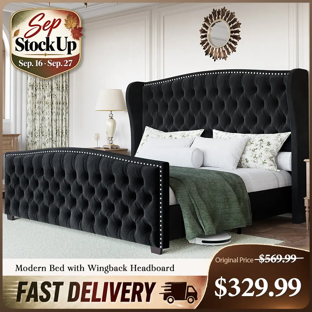 [TiktokShopStockUp] AMERLIFE Modern Bed Frame with Wingback Headboard, Upholstered Bed Frame with Handmade Button Tufted & Nailhead, Wooden Slats Support/Luxury Bedroom Furniture/Queen/King/California King Size/Christmas Gifts