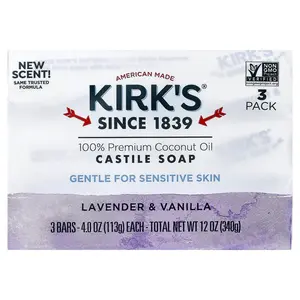 Kirk's 100% Premium Coconut Oil Castile Bar Soap, Lavender & Vanilla, 3 Bars, 4 oz (113 g) Each