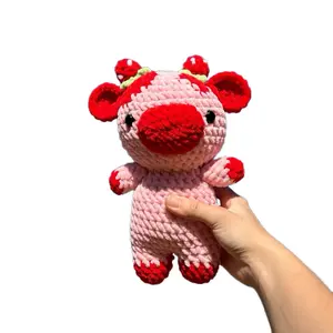 Strawberry crochet cow, fluffy custom plushie, pink and red cow, handmade unique stuffed animal