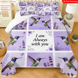 3pcs, 2D flat print Watercolor Hummingbird & Lavender Quilted Bedspread Set multiple sizes available, bedding set, festive decorative bedding, ideal for bedroom décor(1 bedspread , 2 pillowcase)