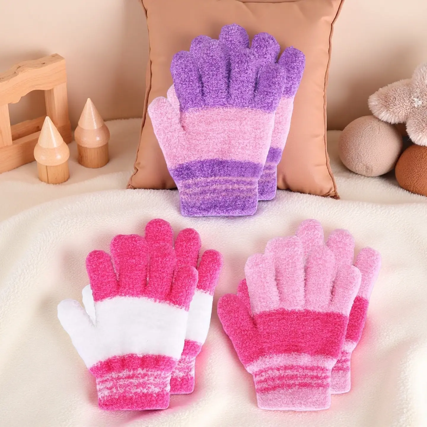 L-X016  3 Pairs Kids Winter Knit Gloves - Stretchy Full Finger Fluffy Mittens for Toddler Boys & Girls 1-11 Years, Flexible Grip, Fluffy Look, Polyester Mix, 7-11 Years, Cotton-Polyester Blend