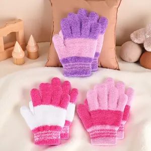 L-X016  3 Pairs Kids Winter Knit Gloves - Stretchy Full Finger Fluffy Mittens for Toddler Boys & Girls 1-11 Years