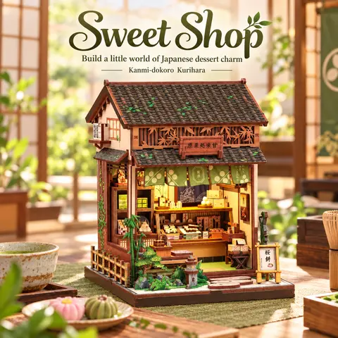 CuteBee Sweet Shop DIY Miniature House Kit for Adults, Japanese Dessert Shop Wooden Dollhouse Building Set with LED Light, 227 Pieces, Relaxing Crafts, Bookshelf Decor & Unique Gift
