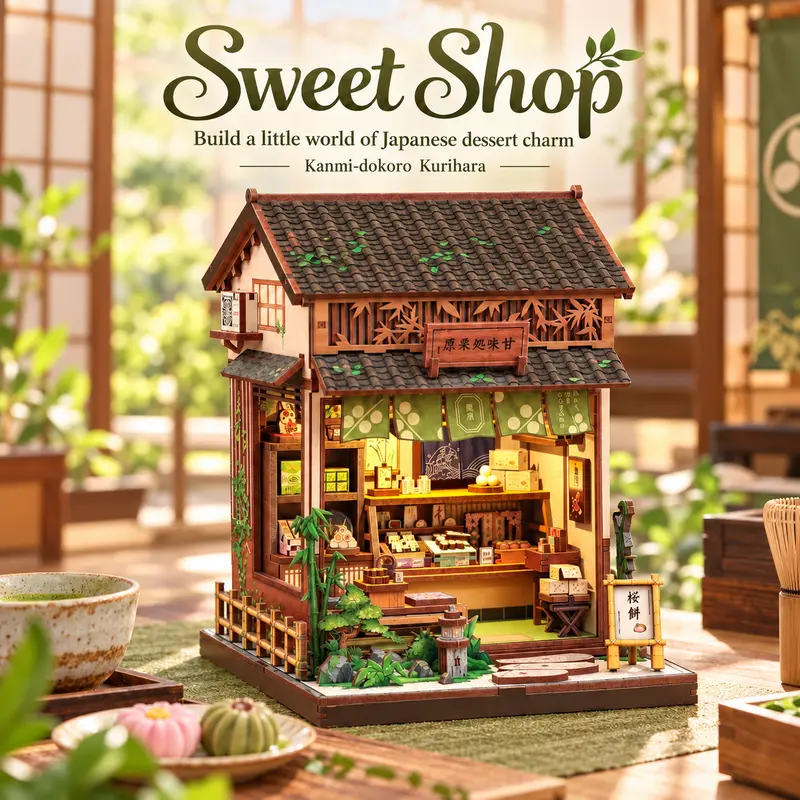 CuteBee Sweet Shop DIY Miniature House Kit for Adults, Japanese Dessert Shop Wooden Dollhouse Building Set with LED Light, 227 Pieces, Relaxing Crafts, Bookshelf Decor & Unique Gift