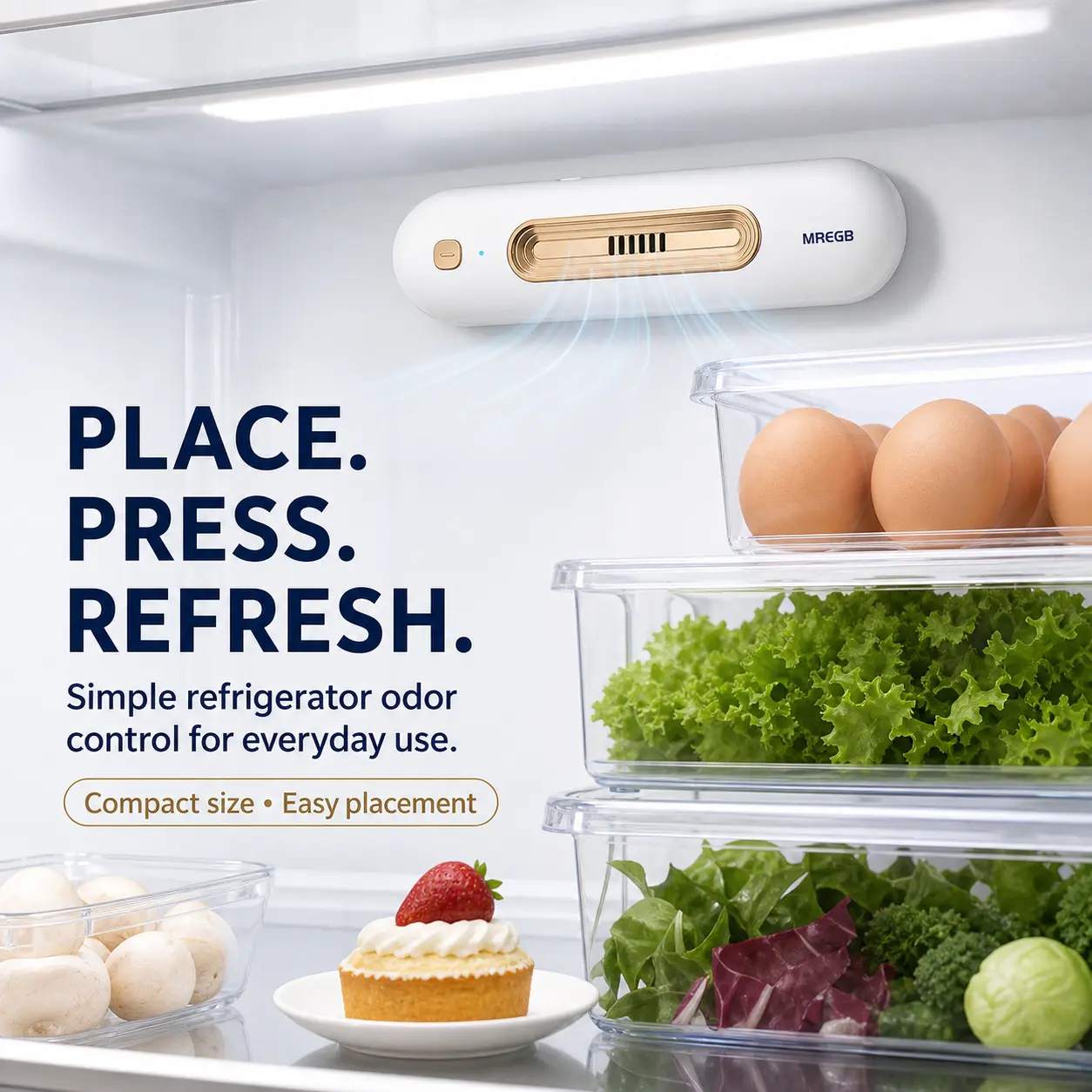 MREGB 5W Rechargeable Refrigerator Deodorizer - Compact Size, USB Plug, Wire-Free USB Mini Air Purifier with Dual Mode, Eco-Friendly Odor Removal Tool for Travel & Wardrobe, Food Preservation & Shelf Life Extender (Outperforms Baking Soda), Reusable