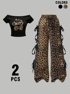 🔥 Y2K Leopard Print Two-Piece Set – Off-Shoulder Cherry Crop Top with Bow Wide-Leg Pants Sexy Women's Apparel Womenswear | Suitable for Casual, Home, Streetwear