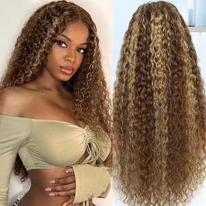 13x4 Honey Blonde Curly Wigs Human Hair 180% Density Highlight Ombre Deep Wave Curly 4/27 Colored HD Transparent Lace Front wig Human Hair Pre Plucked with Baby Hair 28 Inch