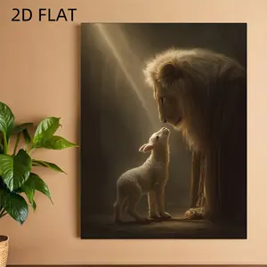 1 piece of 2D flat wooden framed lion and lamb Bible verse wall art| Canvas print, featuring Christ and the Lion of Judah, religious church decoration, symbol of peace and atonement, ideal for worship spaces