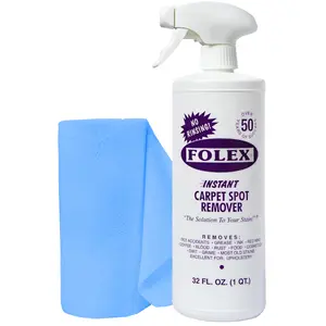 FOLEX Instant Carpet Spot Remover 32 oz – Powerful Stain Remover for Carpets, Upholstery & Rugs – Eliminates Pet Stains, Grease, Red Wine, Food, Makeup & More – With Reusable Cleaning Cloth – 1 Pack