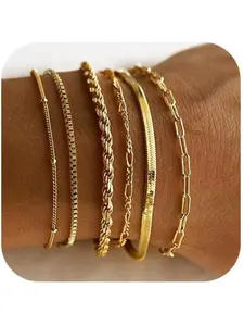 3-6 Pcs Gold Bracelet for Women 14 K Real Gold Plated Bracelets for Women Waterproof Stack Gold Chain Bracelets Link Heart Paperclip Gold Ladies Bracelet Set Exquisite Bracelet