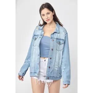 RISEN Full Size Distressed Long Sleeve Denim Jacket Plus Size - Casual Cotton Coats for Women, Slightly Stretchy, Vintage Look