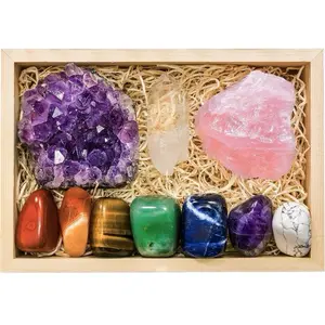 CRYSTALYA Chakra Balancing Crystal Collection - Includes 7 Tumbled Gemstones for each Chakra and 3 Raw Stones in a Wooden Display Box + the “World of Crystals” EBOOK