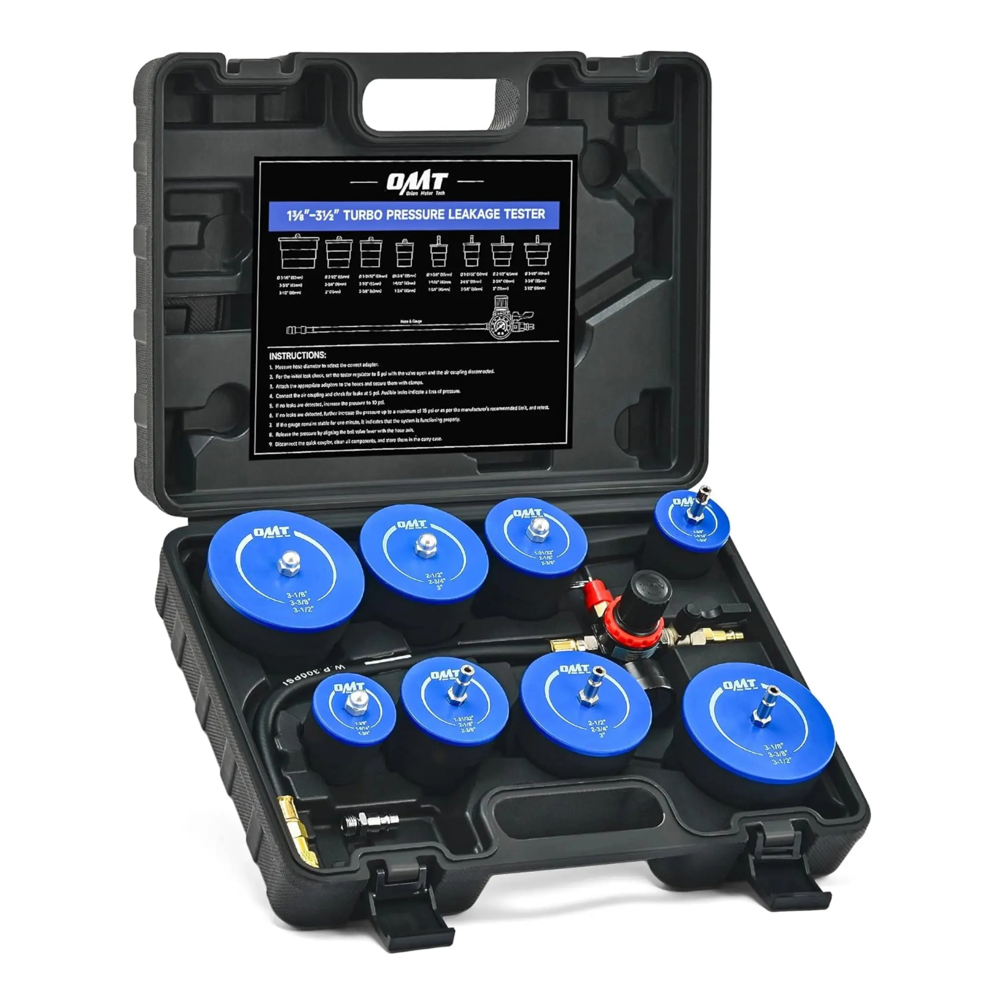 Orion Motor Tech Turbo System Leakage Tester Kit,10pc Turbo Boost Leak Tester Set with 4 Pairs of Stepped Adapters 1-3/8" to 3-1/2",Turbo Pressure Leakage Tester for Cooling Emissions Exhaust Pipes Automotive Maintenance Manifold Gauge Kit Truck Vehicle
