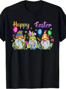 Happy Easter Day Bunny Gnome Rabbit Easter Egg Hunting T-Shirt - Unisex 100% Cotton Crew Neck Tee with Pastel Colors & Easter Bunny