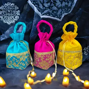 Elegant Zari Potli Bags Set | Handcrafted Purses for Diwali, Pooja, Eid, Weddings | Thoughtful Gifts (Pack of 3 Simply Elegant)