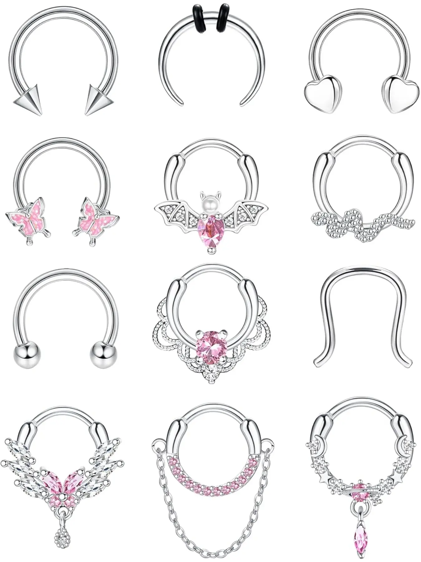 16G Septum Piercing Jewellery 10mm Horseshoe Thin Nose Ring Hypoallergenic Surgical Steel Snake Butterfly Silver Smiley Conch Helix Piercing Tragus Hoop Lip Ring Daith Earrings Nose Ring Body Piercing Jewelry