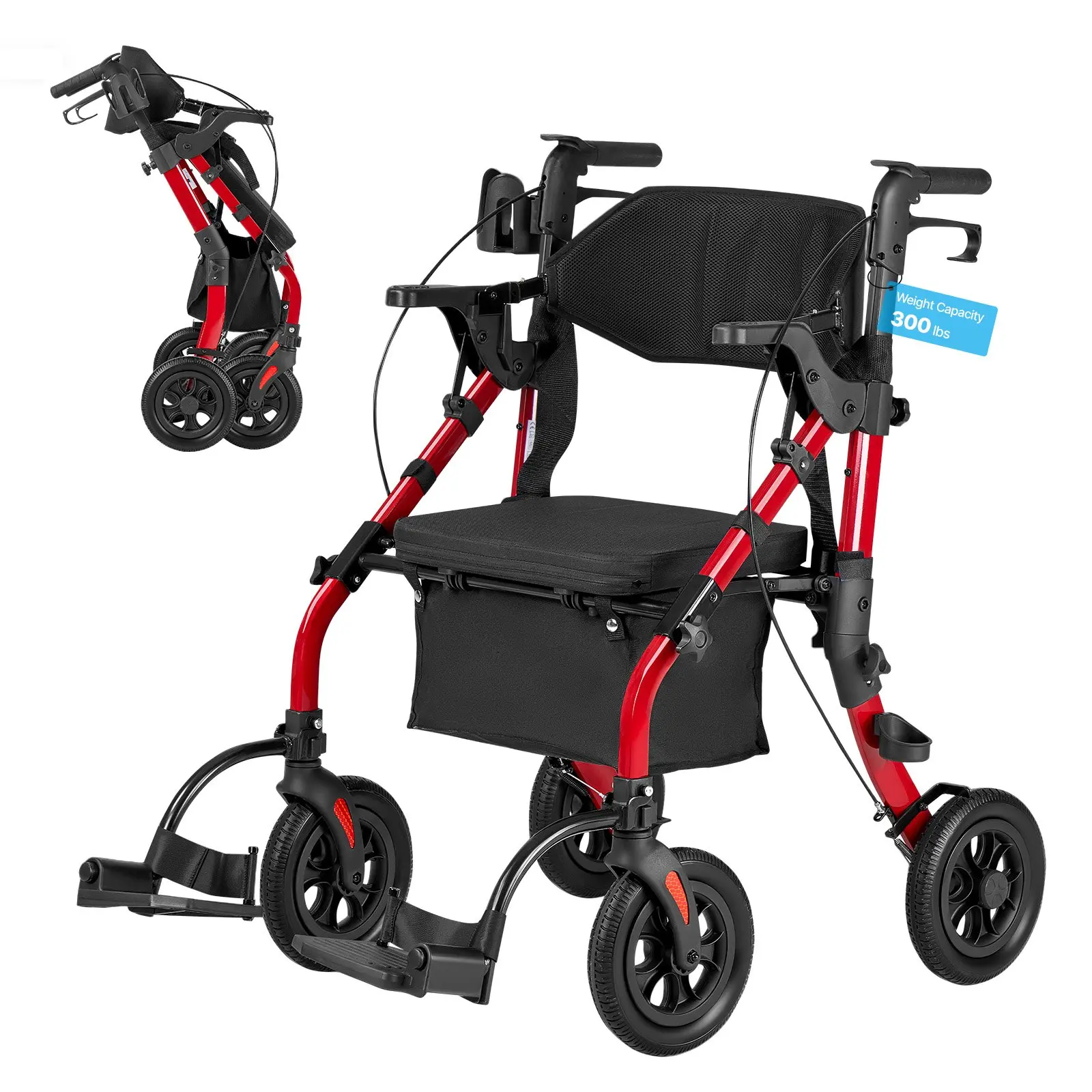 【Summerfinds】VEVOR 2-in-1 Aluminum Alloy Rollator Walker & Transport Chair for Seniors, Foldable Portable Mobility Aid, 10in Puncture-Resistant Polyurethane (PU) Solid Wheels, Adjustable Height, Cup Holder, Indoor-Outdoor Use, Supports 300lbs, Lightweight