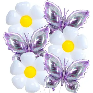 6 Pcs Butterfly Daisy Balloons, Purple Butterfly Balloon Daisy Flower Balloons for Butterflys Themed Party Wedding Birthday Baby Shower Party Decorations